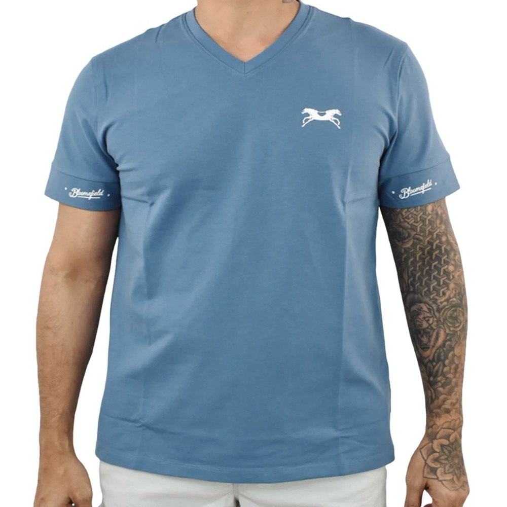 Blue V-Neck Men's Shirt with white logo.
